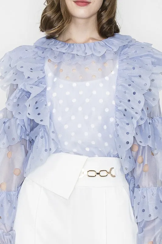 Ice Blue Ruffleed Laser-cut Long Sleeves Blouse Top