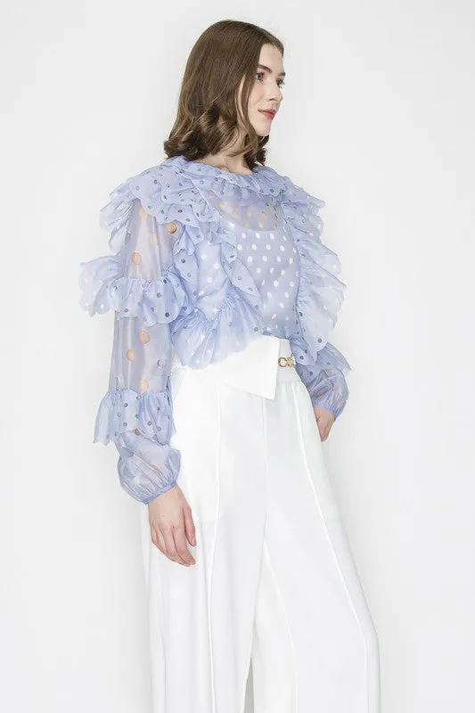 Ice Blue Ruffleed Laser-cut Long Sleeves Blouse Top