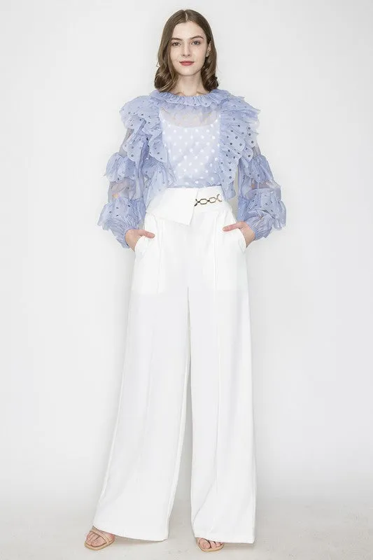 Ice Blue Ruffleed Laser-cut Long Sleeves Blouse Top