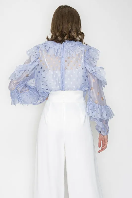 Ice Blue Ruffleed Laser-cut Long Sleeves Blouse Top