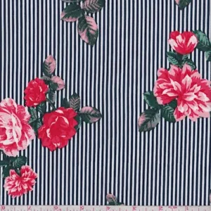 ITY Dark Navy/White/Red Floral Pinstripe Jersey Knit Fabric