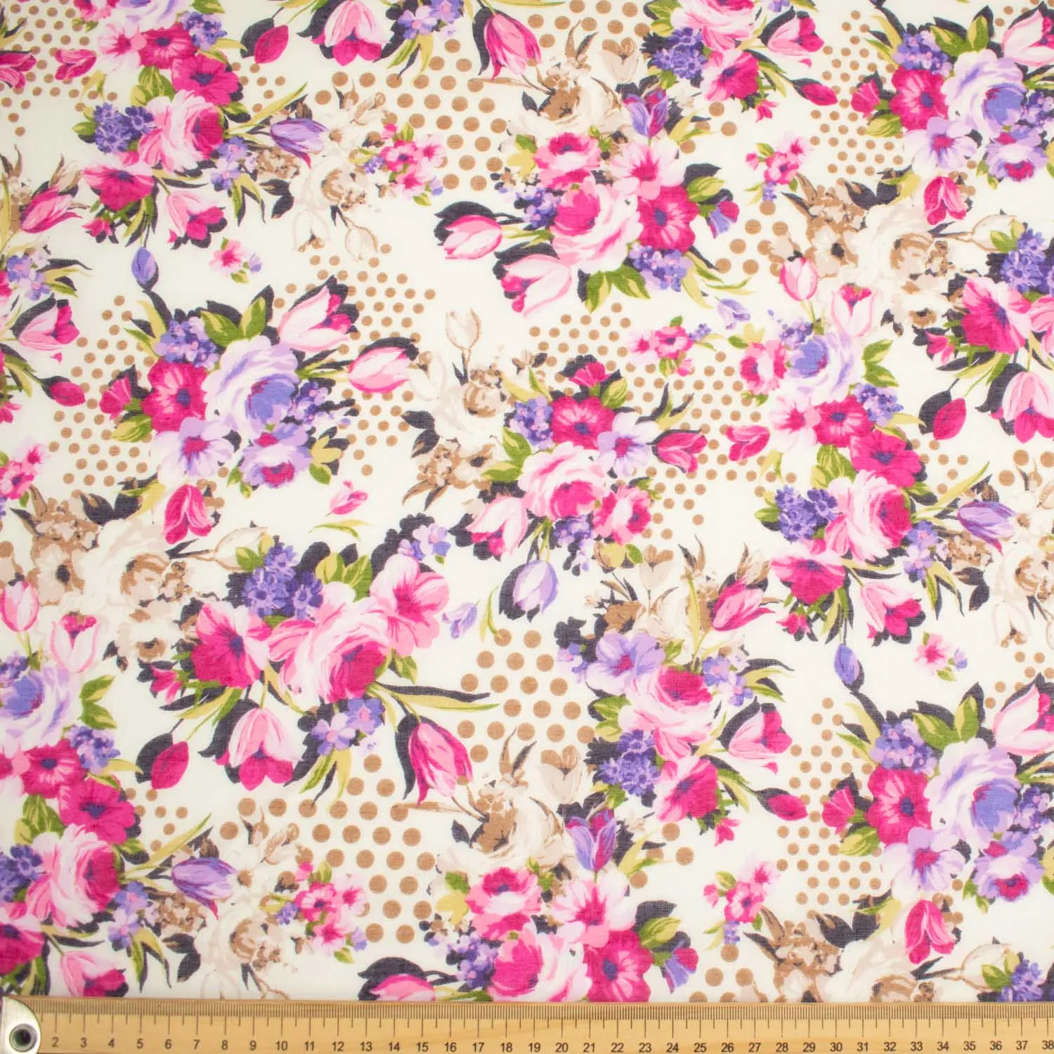 Japanese Pure Cotton Lawn Prints Design-169 Pink Florals & Latte Dots on White