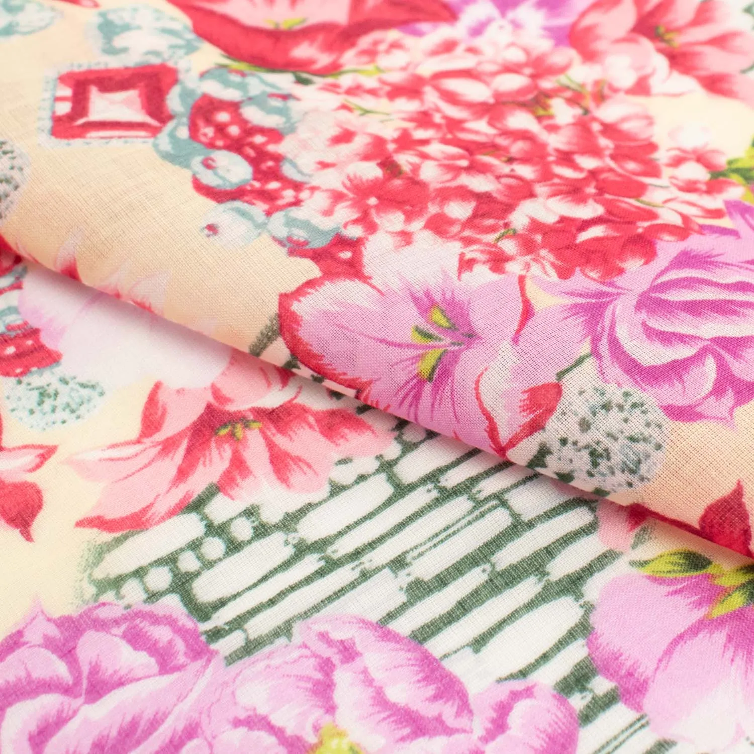 Japanese Pure Cotton Lawn Prints Design-171 Red Hydrangea & Pink Flowers on Peach