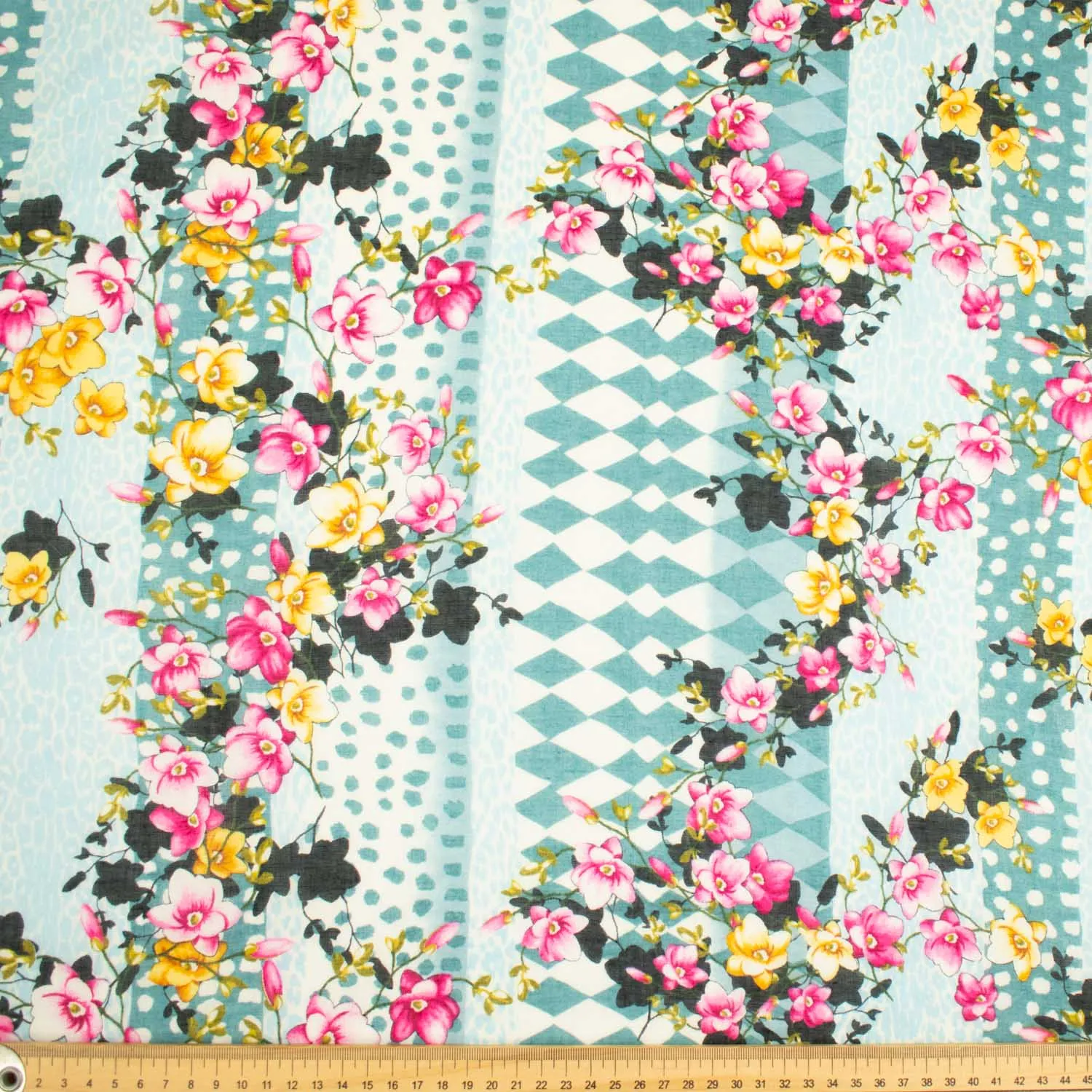 Japanese Pure Cotton Lawn Prints Design-174 Yellow & Pink Floral Vines on Light Teal