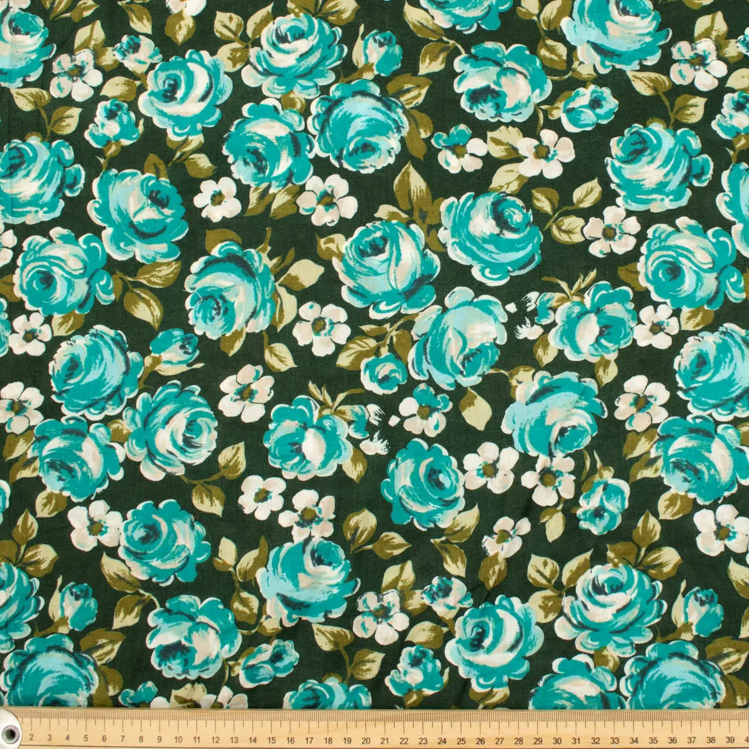 Japanese Pure Cotton Lawn Prints DF-223 Turquoise Roses on Dark Green