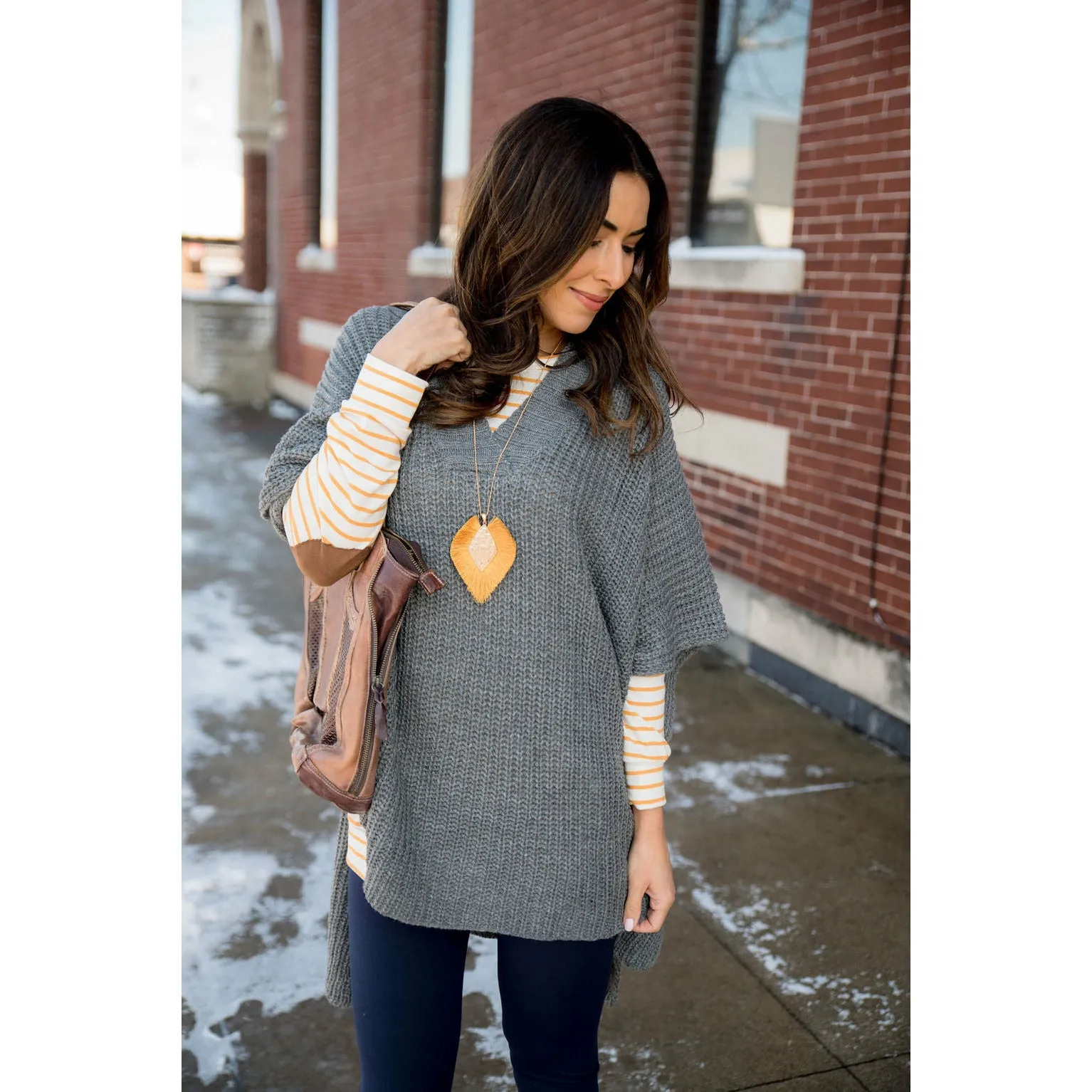 Knit V-Neck Pull Over Poncho