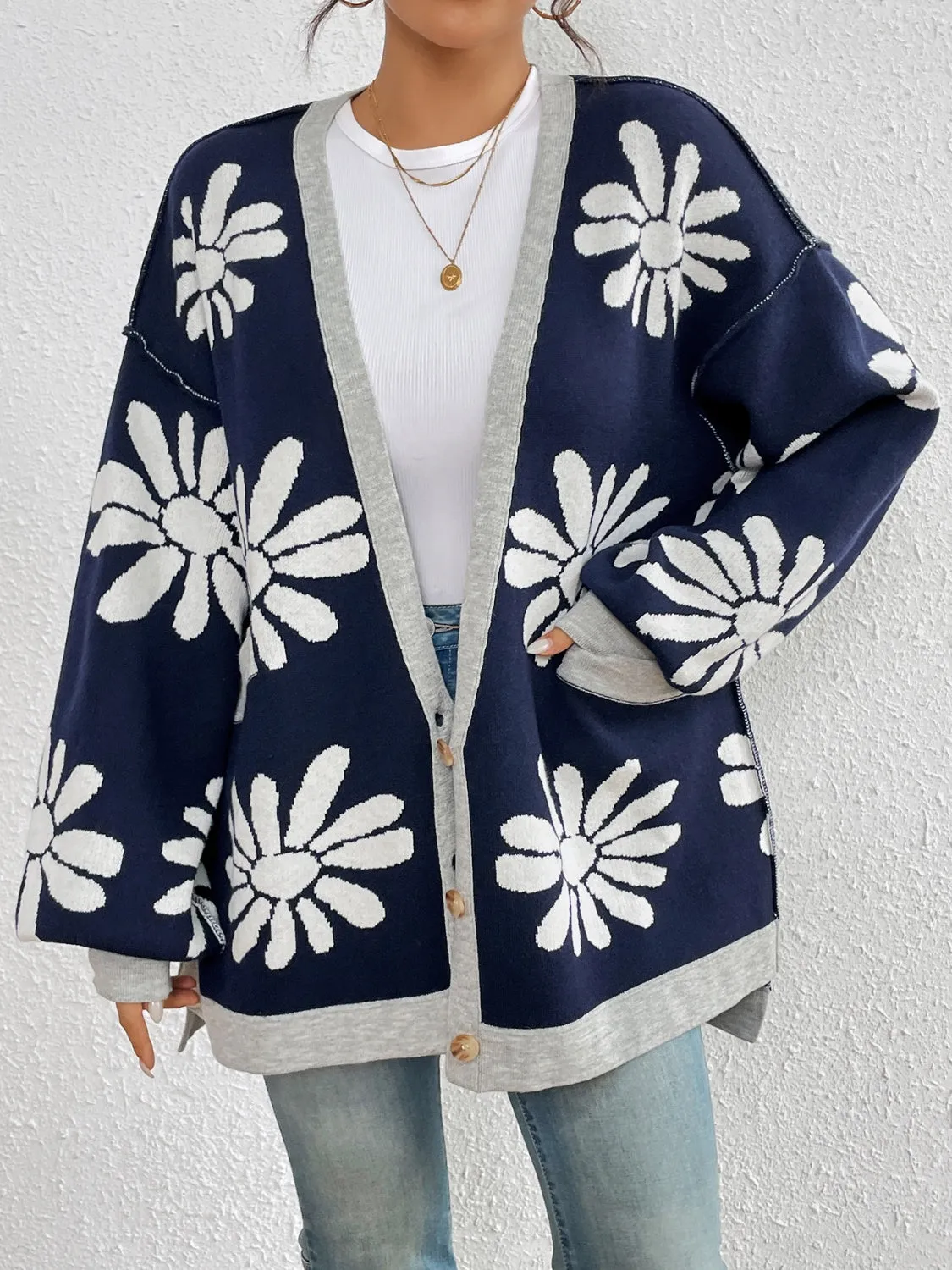 Knitted Dropped Shoulder Long Sleeve Cardigan