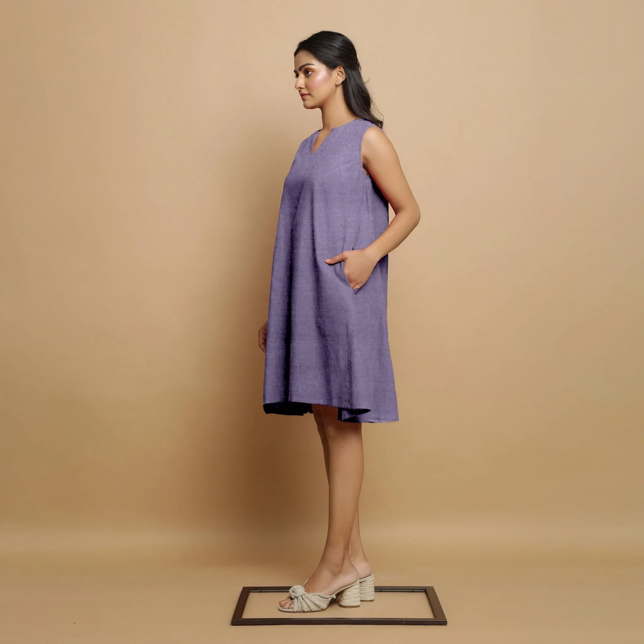 Lavender Linen Embroidered Knee-Length Godet Dress