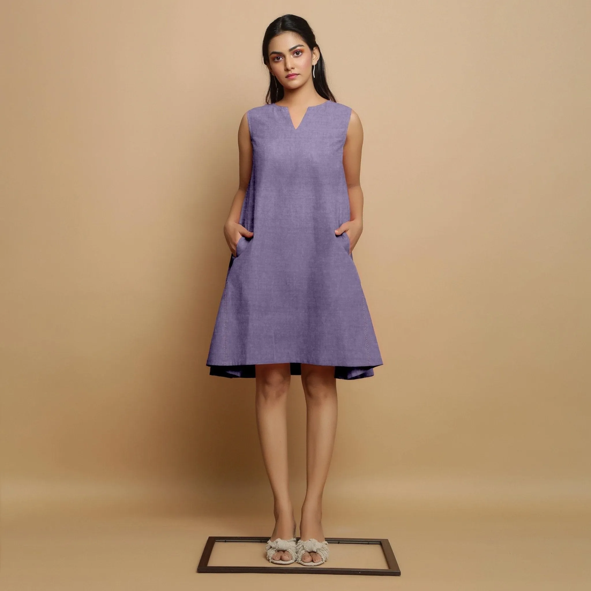 Lavender Linen Embroidered Knee-Length Godet Dress