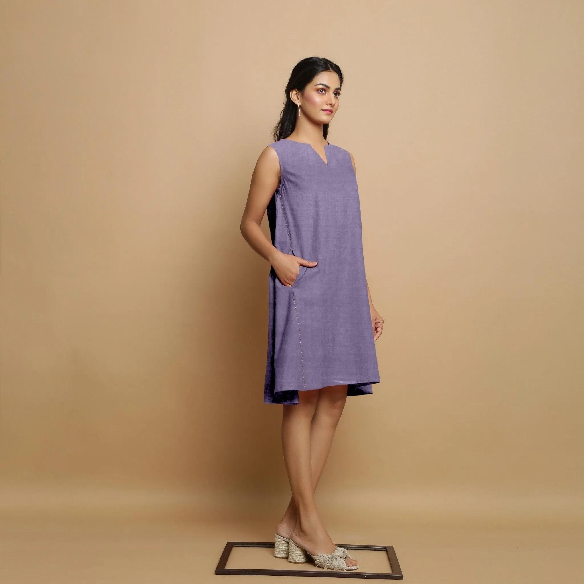 Lavender Linen Embroidered Knee-Length Godet Dress