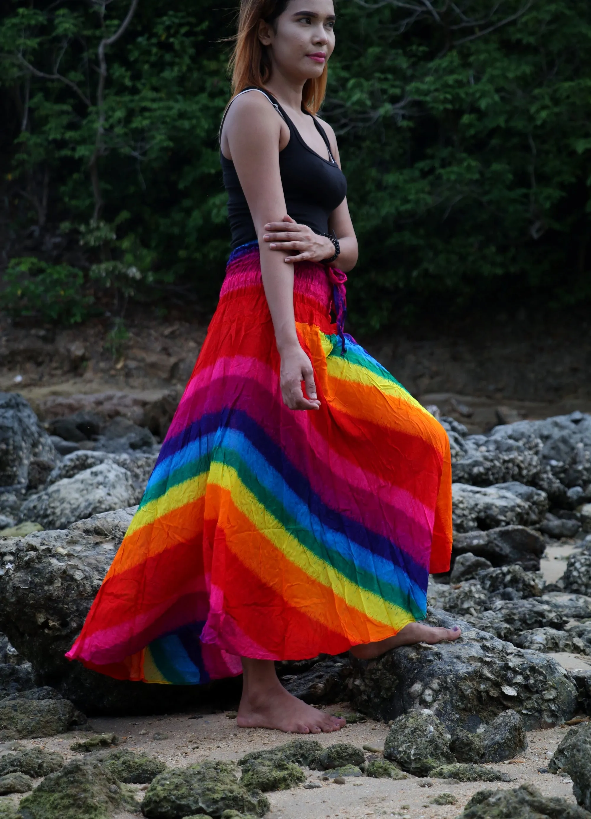 Maxi Dresses Boho Skirts Summer Festival Beachwear Sarong Skirt Bow Tie Sash Rainbow Tie Dye