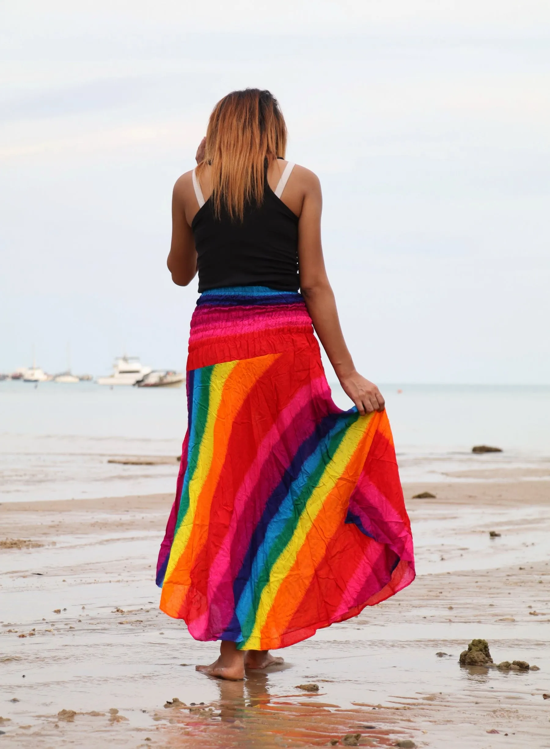 Maxi Dresses Boho Skirts Summer Festival Beachwear Sarong Skirt Bow Tie Sash Rainbow Tie Dye