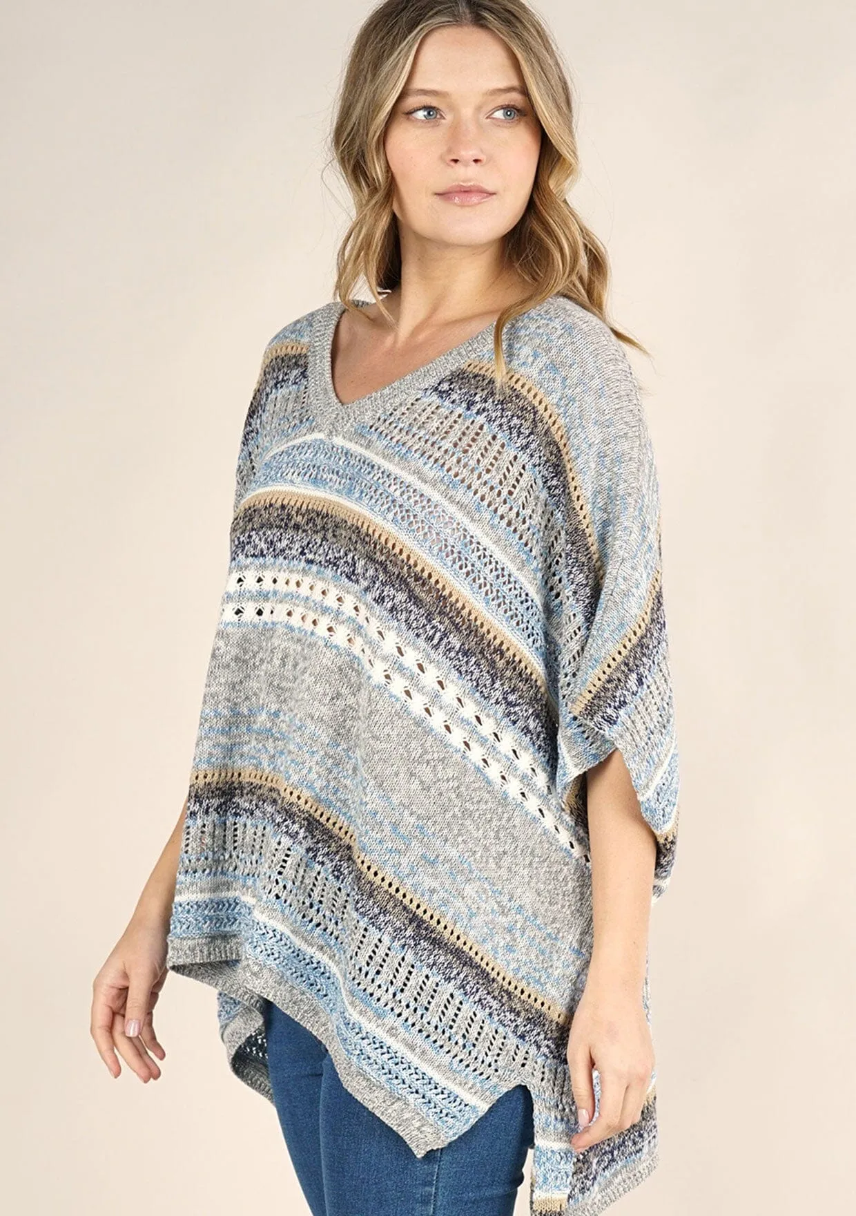 Mixed Yarn Striped Poncho