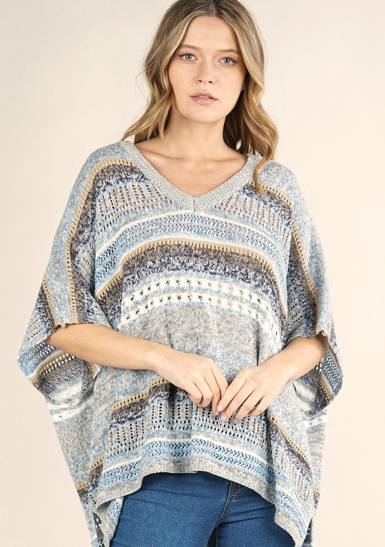 Mixed Yarn Striped Poncho