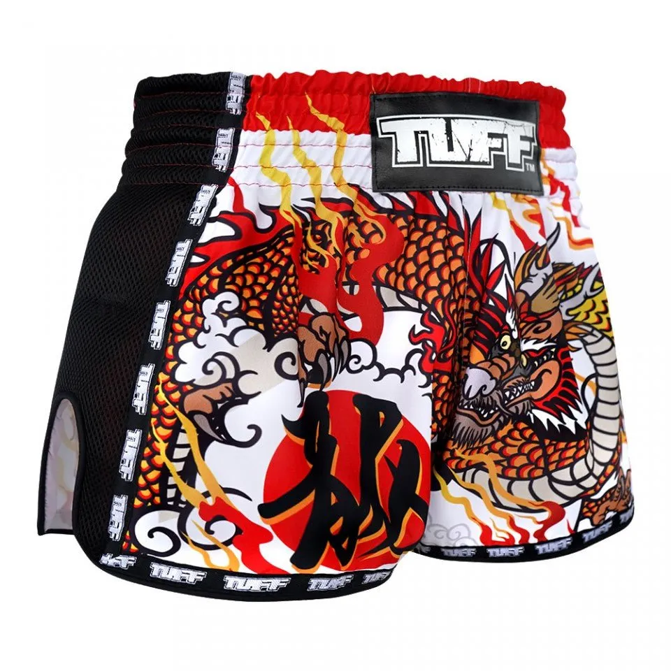 MRS204 TUFF Muay Thai Shorts Retro Style White Chinese Dragon