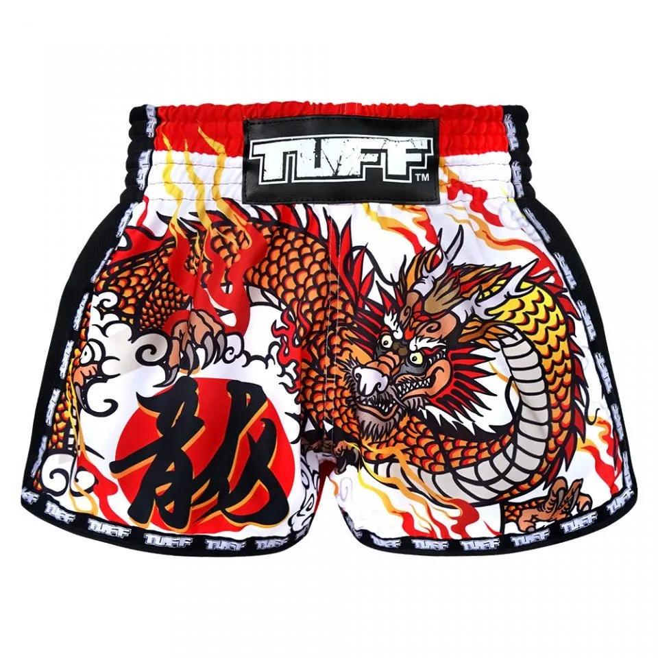 MRS204 TUFF Muay Thai Shorts Retro Style White Chinese Dragon