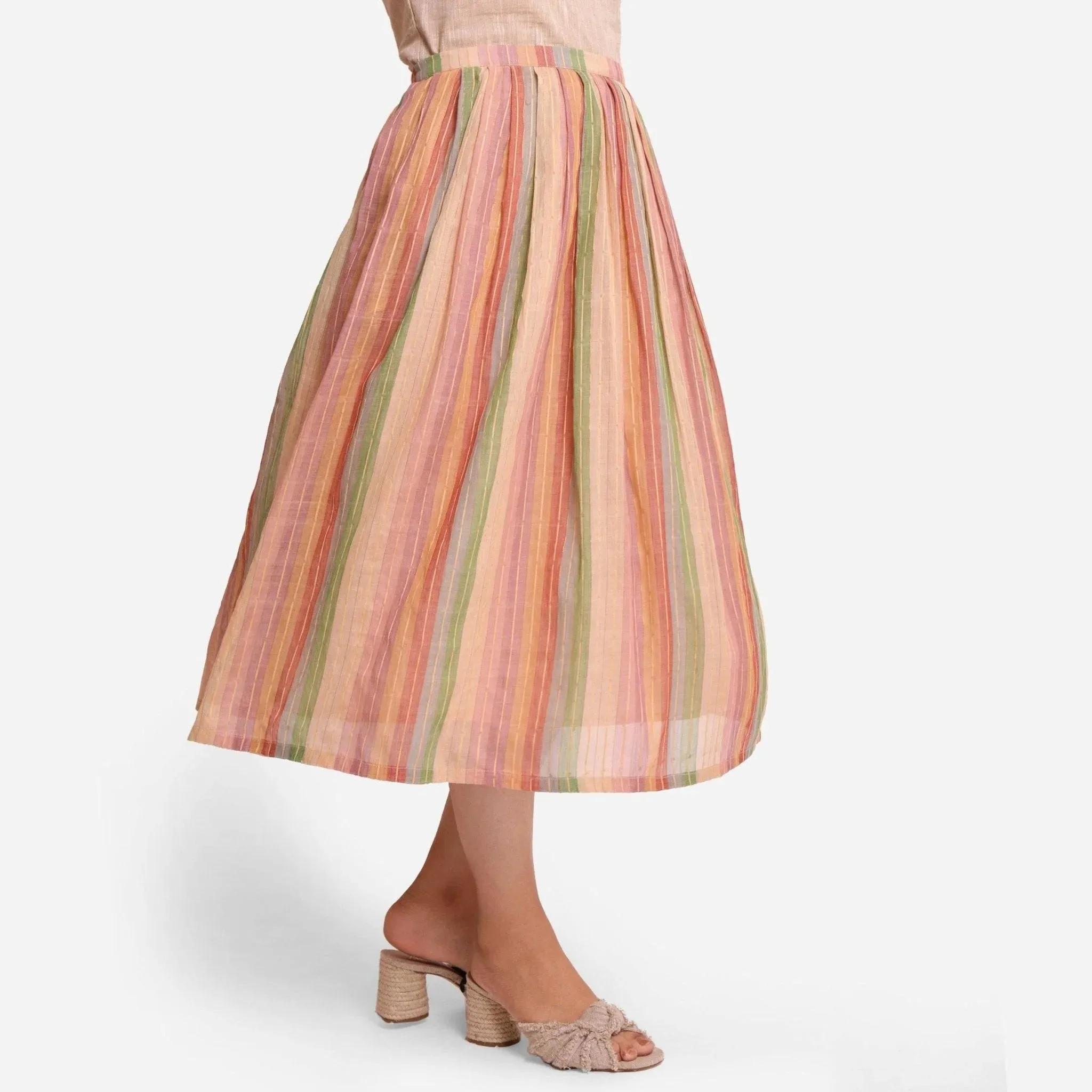 Multicolor Handwoven Cotton Striped Pleated Maxi Skirt