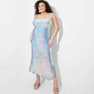 New - Women's Sequin Slip Midi Tank Dress - Wild Fable Light Blue 1X