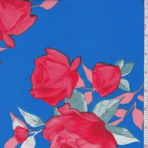 Ocean Blue/Red Rose Scuba Knit Fabric