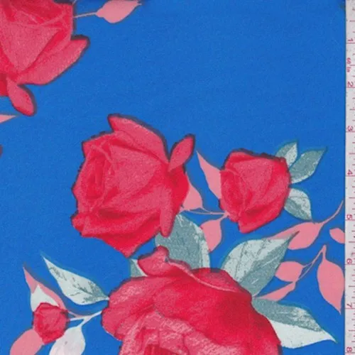 Ocean Blue/Red Rose Scuba Knit Fabric