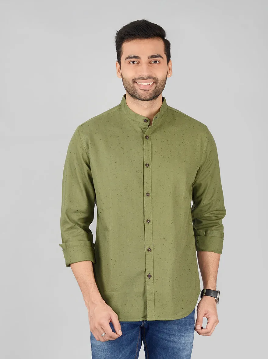 Olive Green Self Textured Slim Fit Casual Shirt | Greenfibre