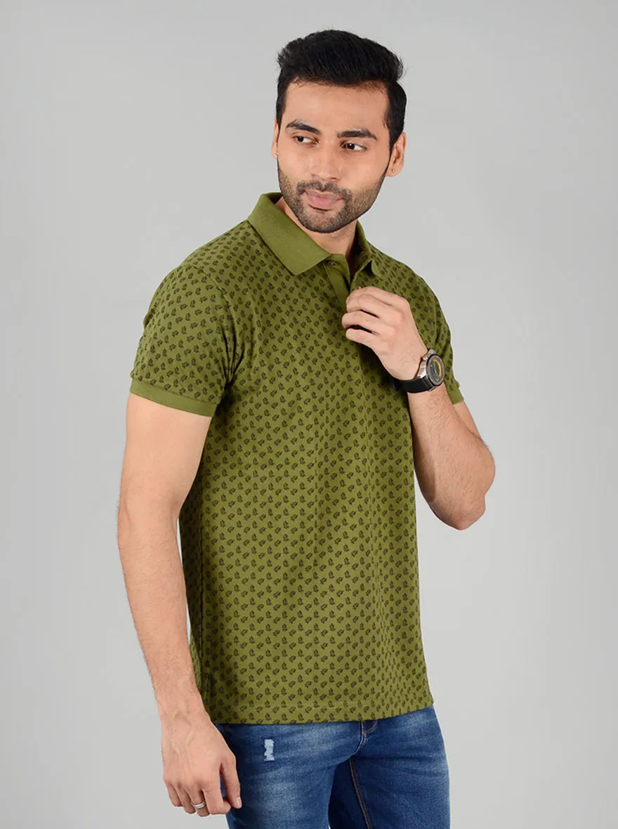 Olive Printed Slim Fit Polo T-Shirt | Greenfibre