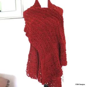 Orange Chenille Hand Knit Shawl, Orange Knit Wrap