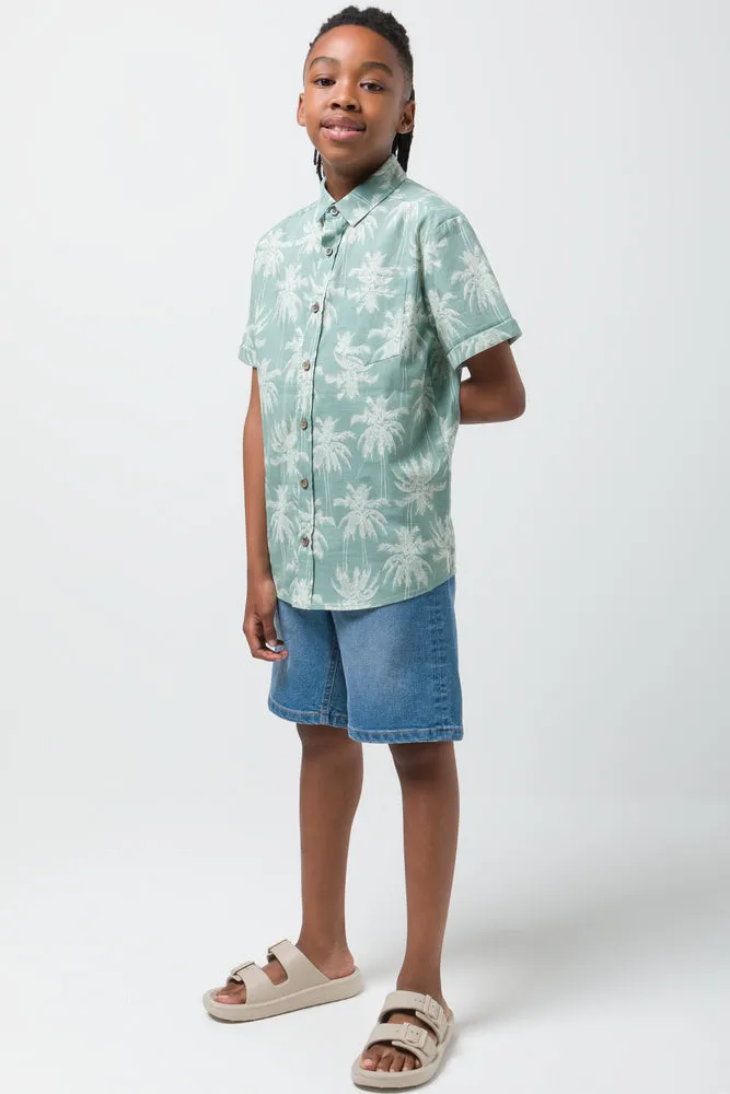 Palm Print Linen Shirt Sage