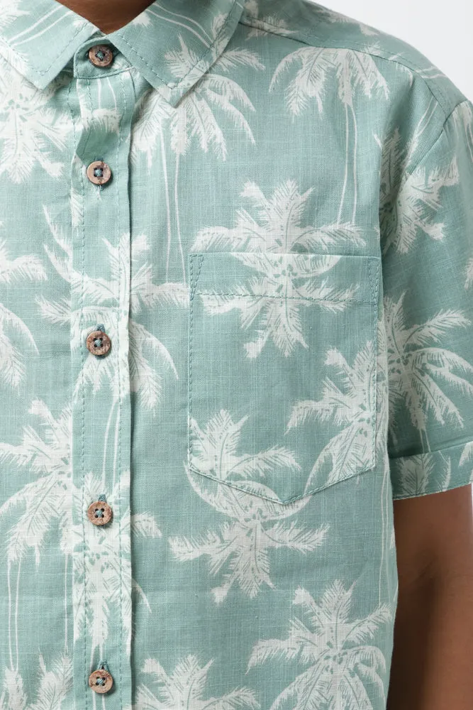 Palm Print Linen Shirt Sage