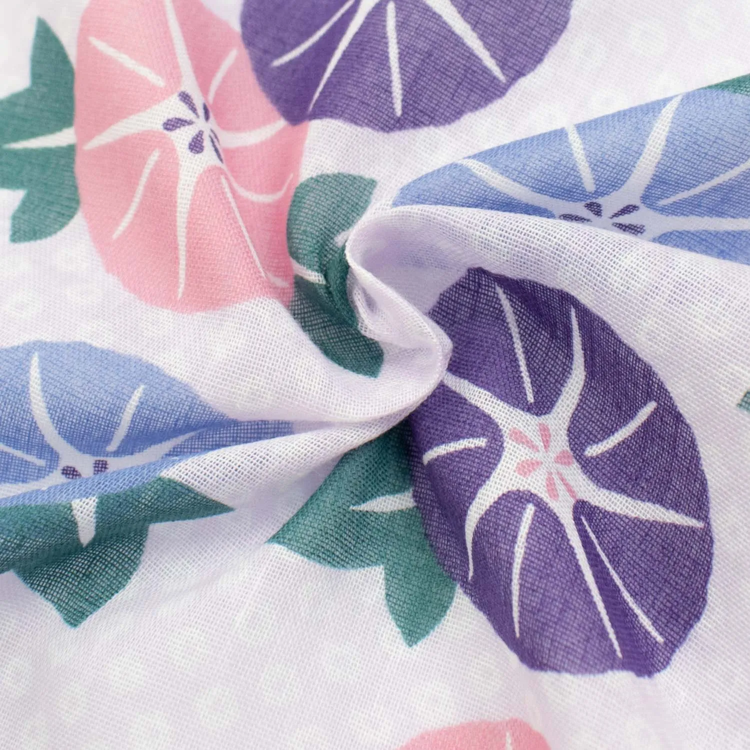 Printed Cotton Voile Design-26 Blue, Purple & Pink Convolvulus Flower on White