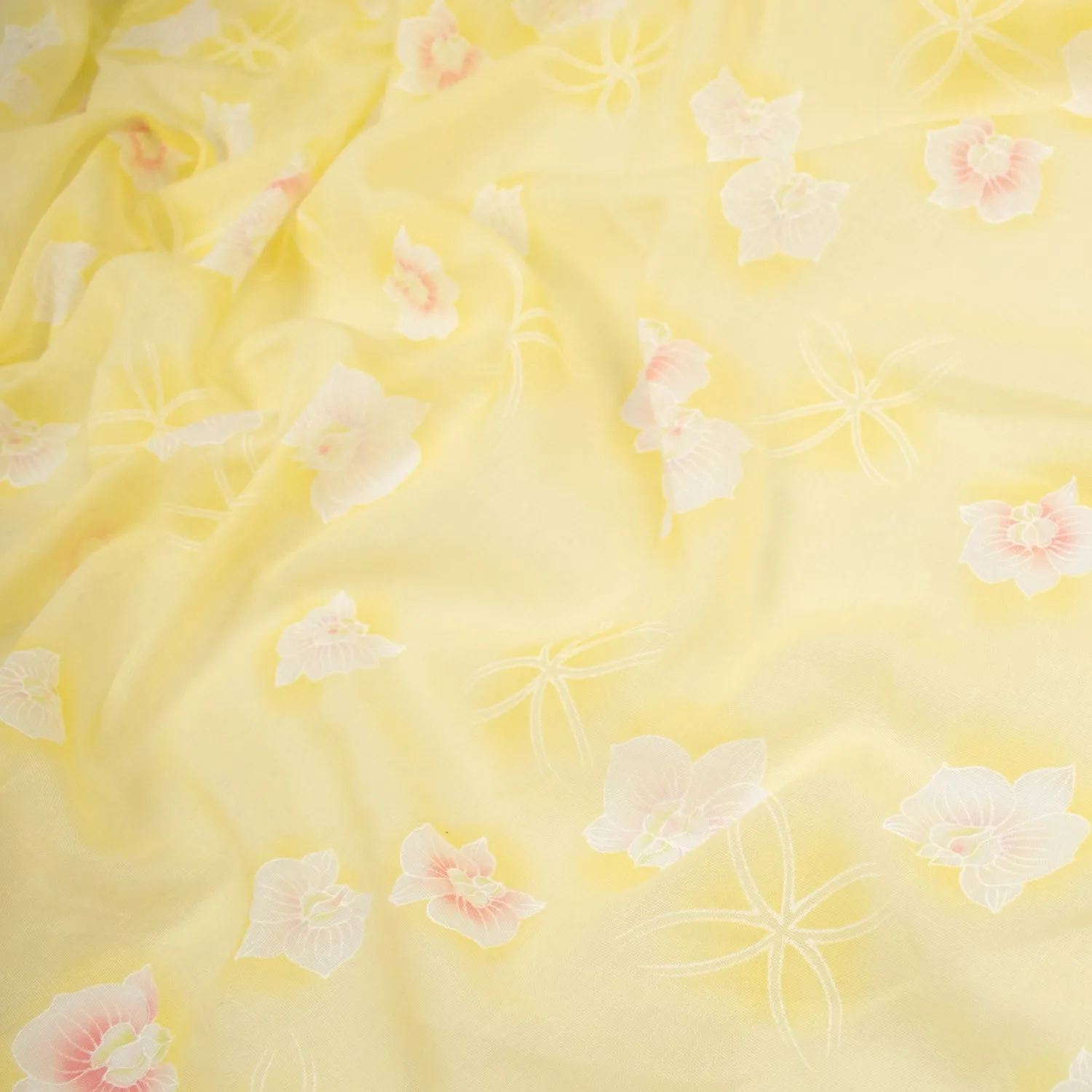 Printed Cotton Voile Design-66 Pink & White Flowers on Yellow