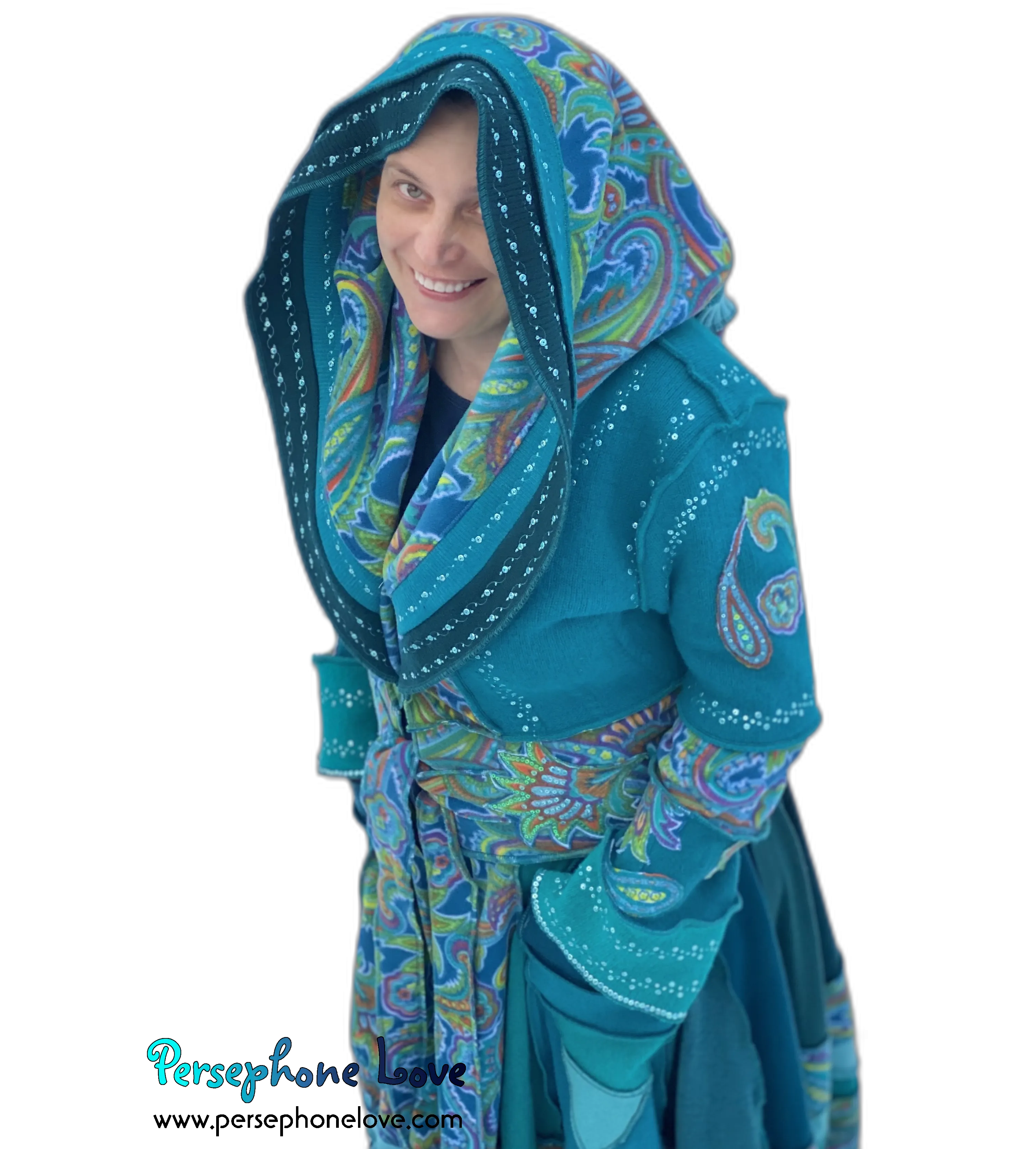 "Peacock" Teal Paisley needle-felted wool/cashmere Katwise-inspired patchwork elf sweatercoat-2520 "Peacock"