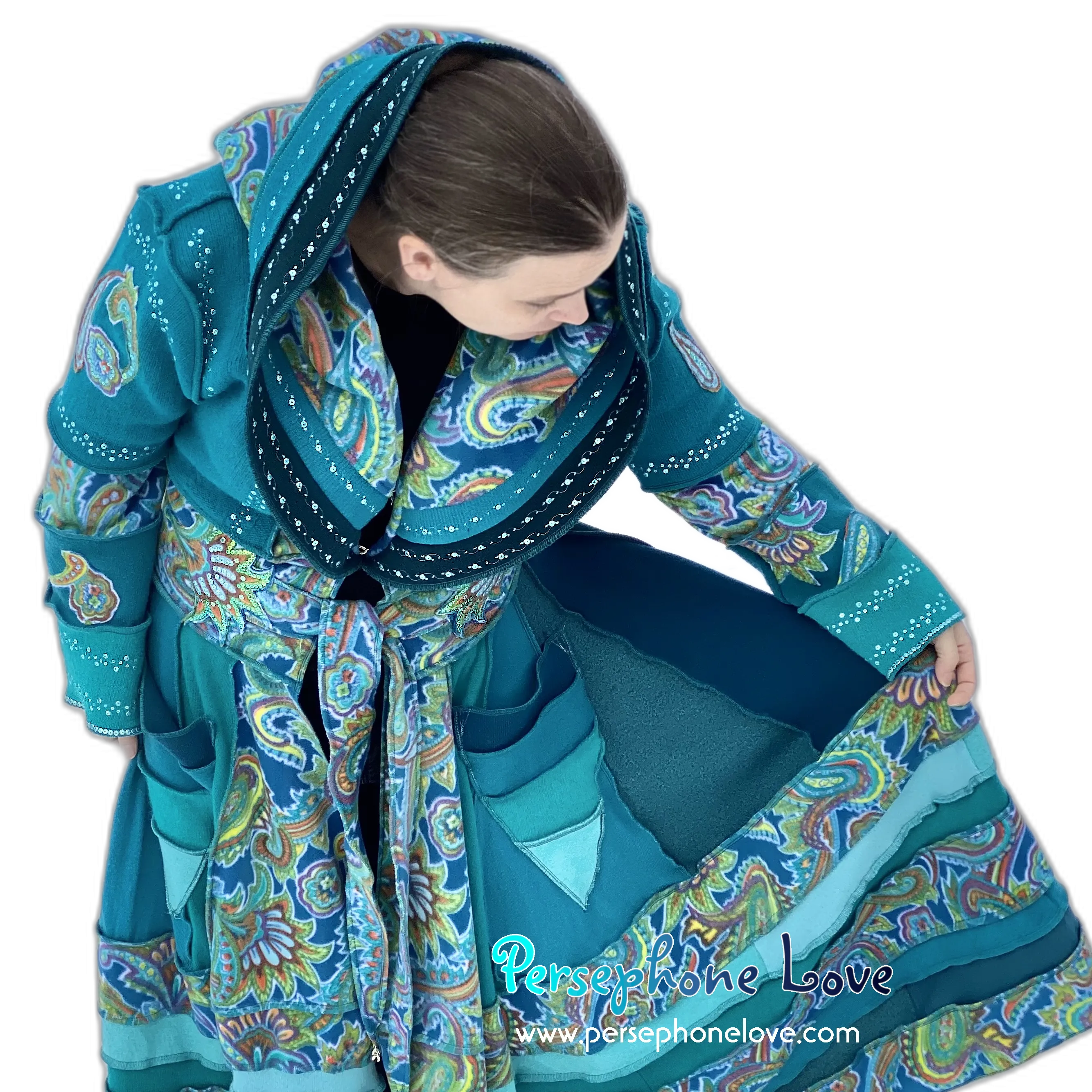 "Peacock" Teal Paisley needle-felted wool/cashmere Katwise-inspired patchwork elf sweatercoat-2520 "Peacock"