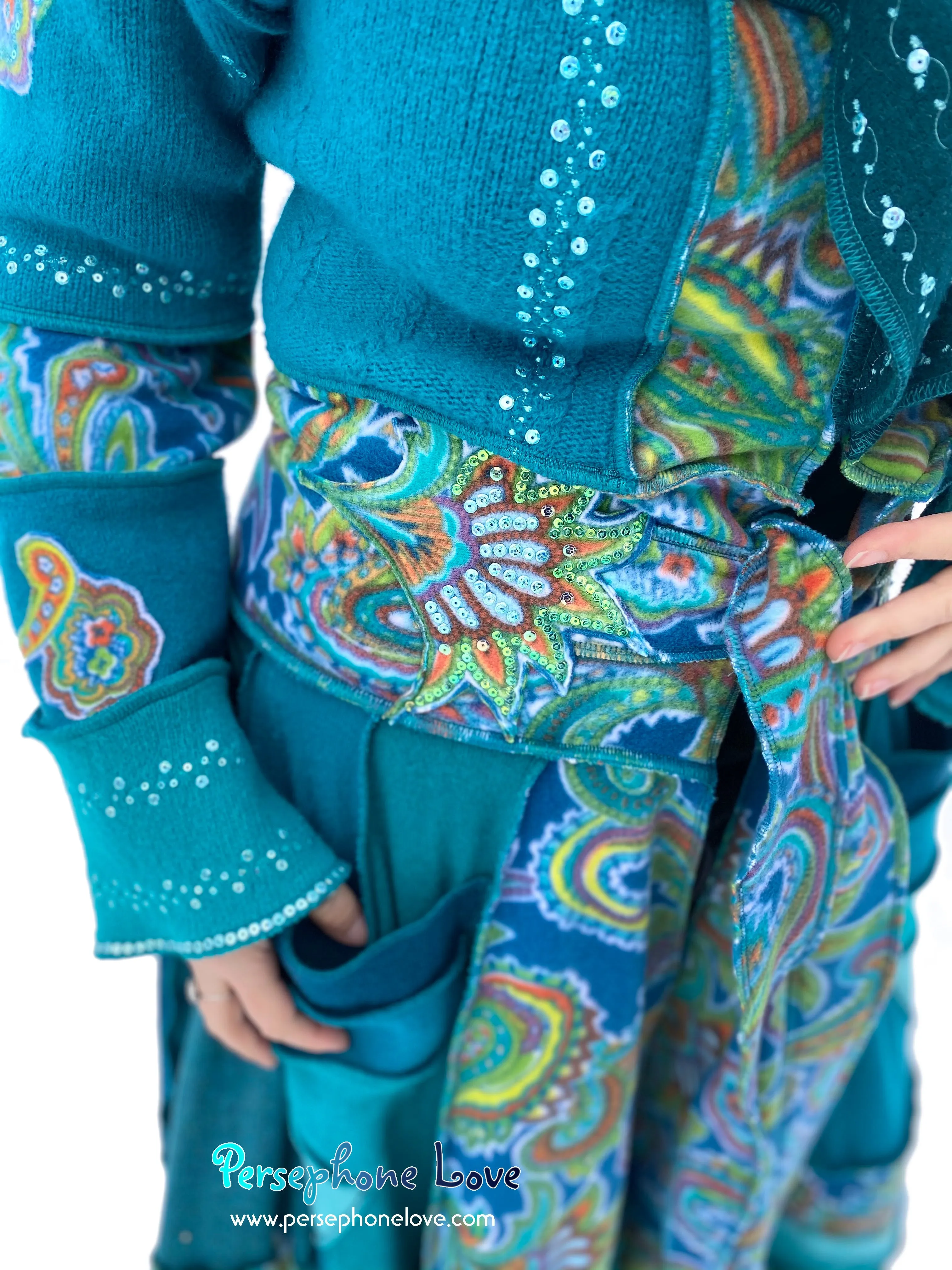 "Peacock" Teal Paisley needle-felted wool/cashmere Katwise-inspired patchwork elf sweatercoat-2520 "Peacock"