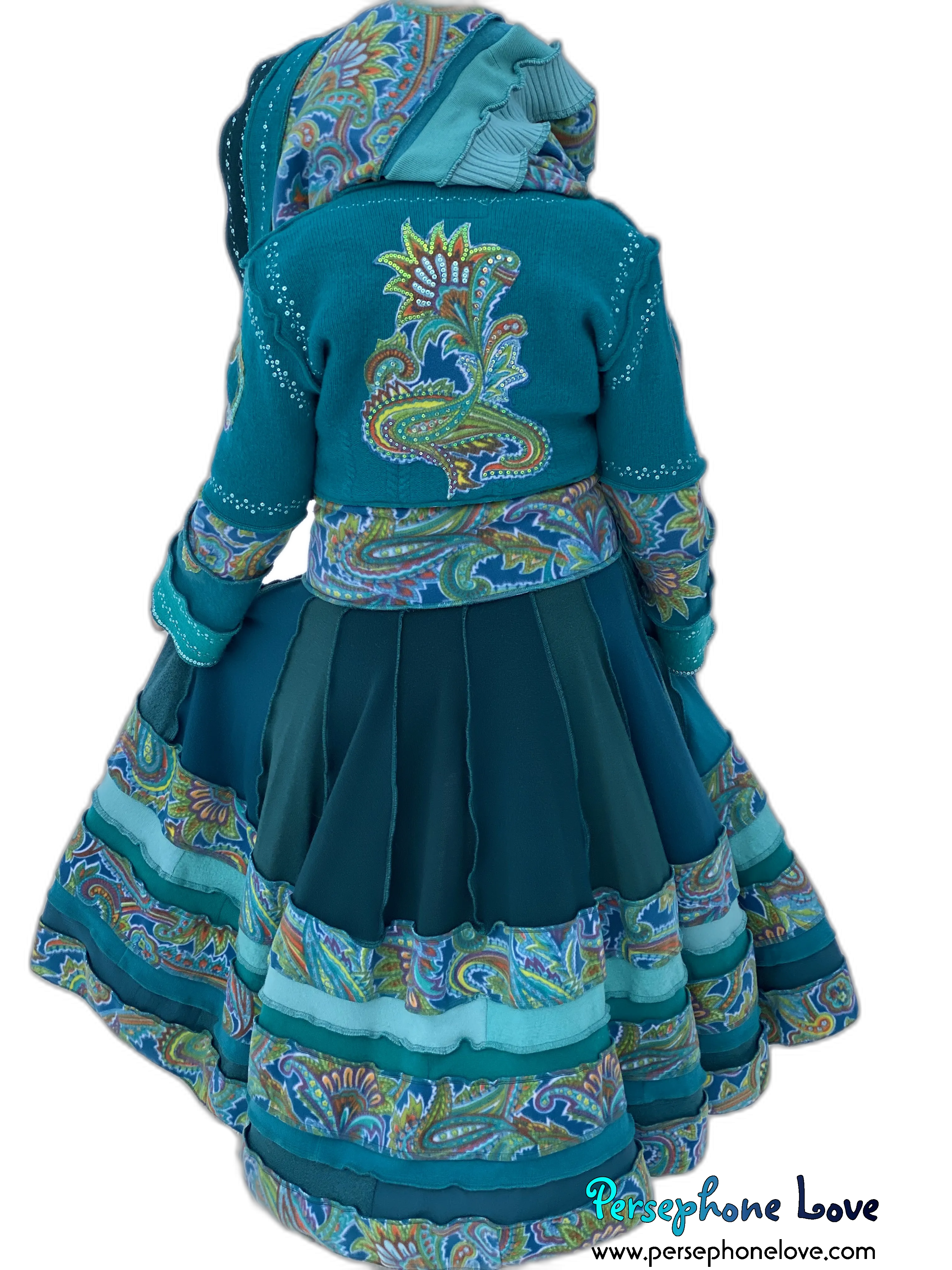 "Peacock" Teal Paisley needle-felted wool/cashmere Katwise-inspired patchwork elf sweatercoat-2520 "Peacock"