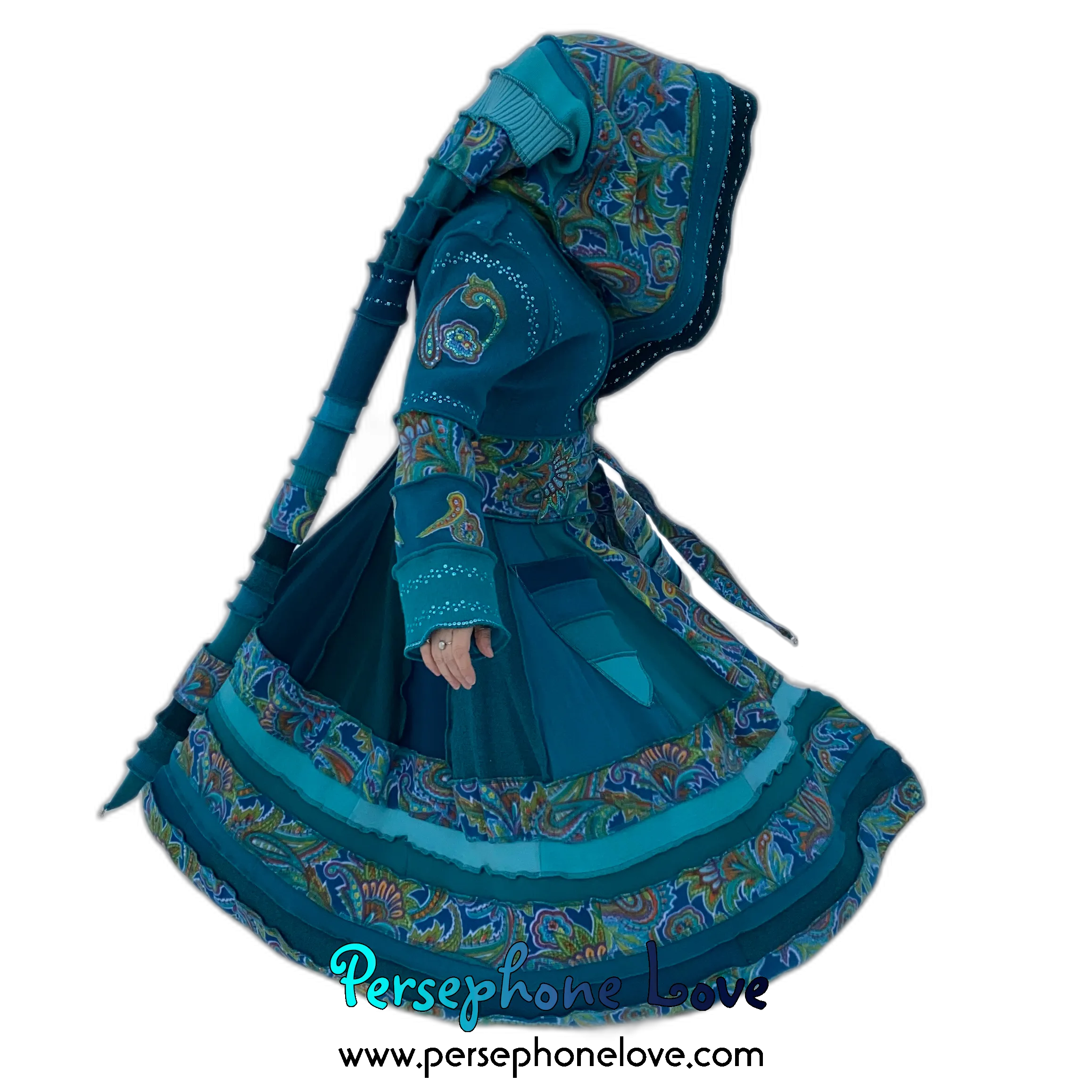 "Peacock" Teal Paisley needle-felted wool/cashmere Katwise-inspired patchwork elf sweatercoat-2520 "Peacock"