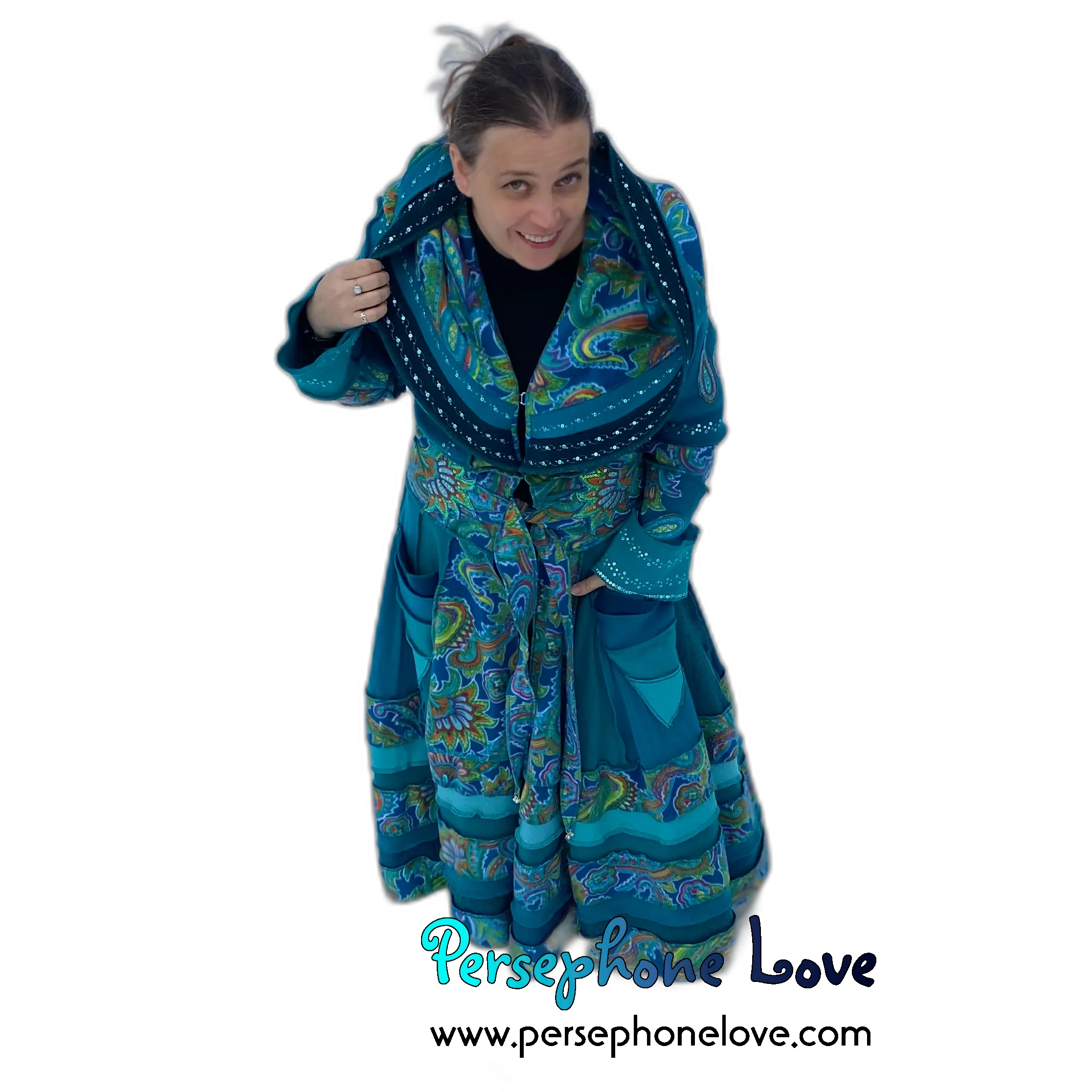 "Peacock" Teal Paisley needle-felted wool/cashmere Katwise-inspired patchwork elf sweatercoat-2520 "Peacock"