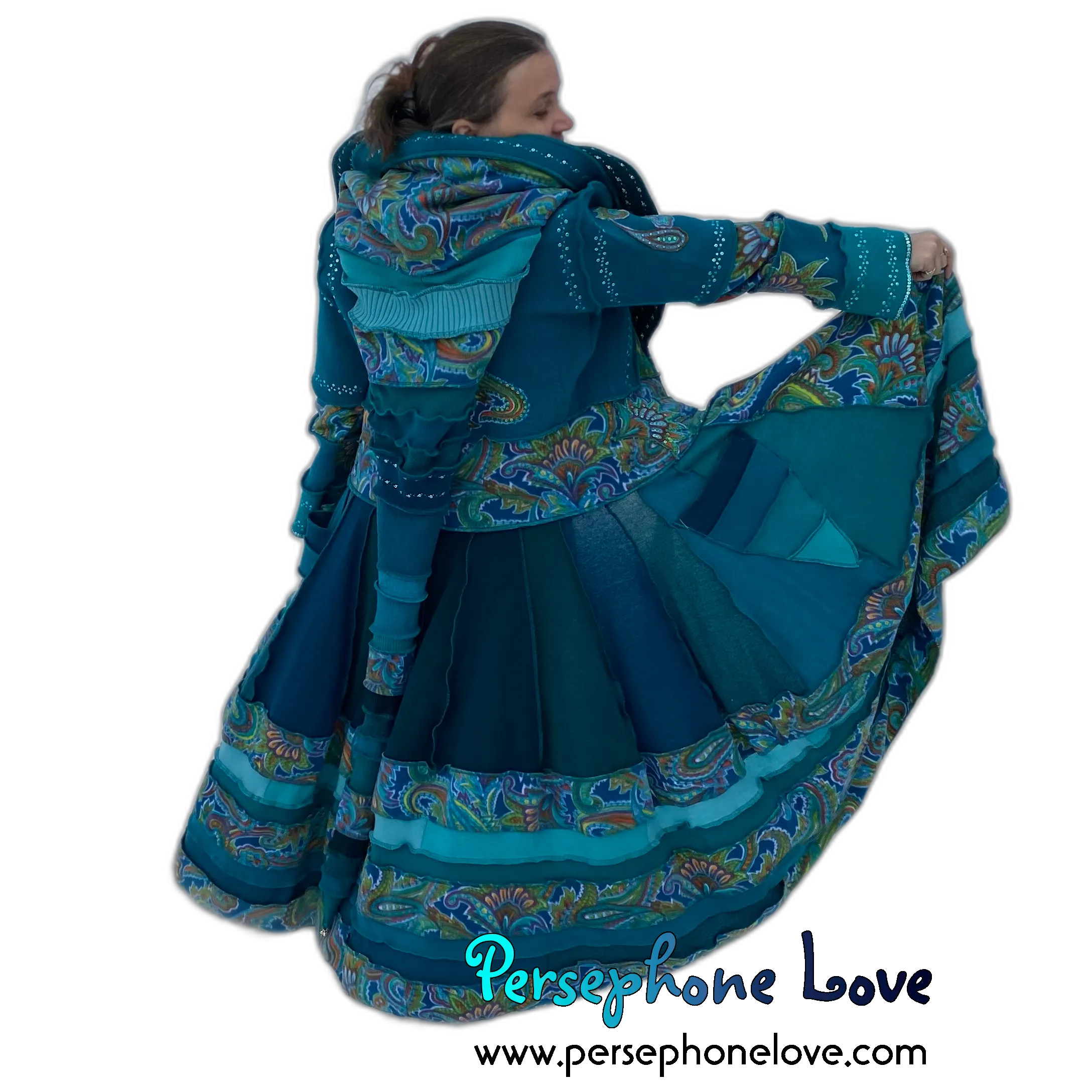 "Peacock" Teal Paisley needle-felted wool/cashmere Katwise-inspired patchwork elf sweatercoat-2520 "Peacock"