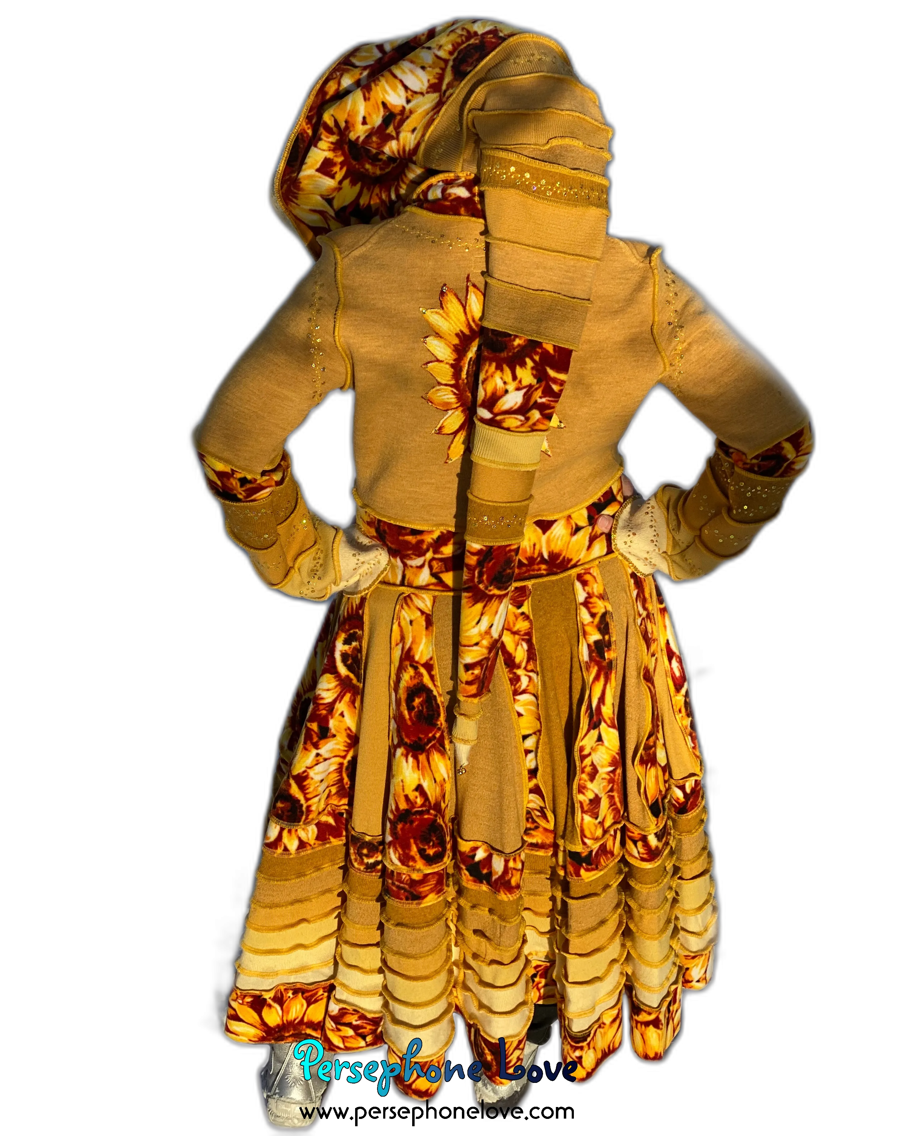 "Sunshine Cameo" Yellow sunflower needle-felted wool/cashmere Katwise-inspired patchwork elf sweatercoat-2517