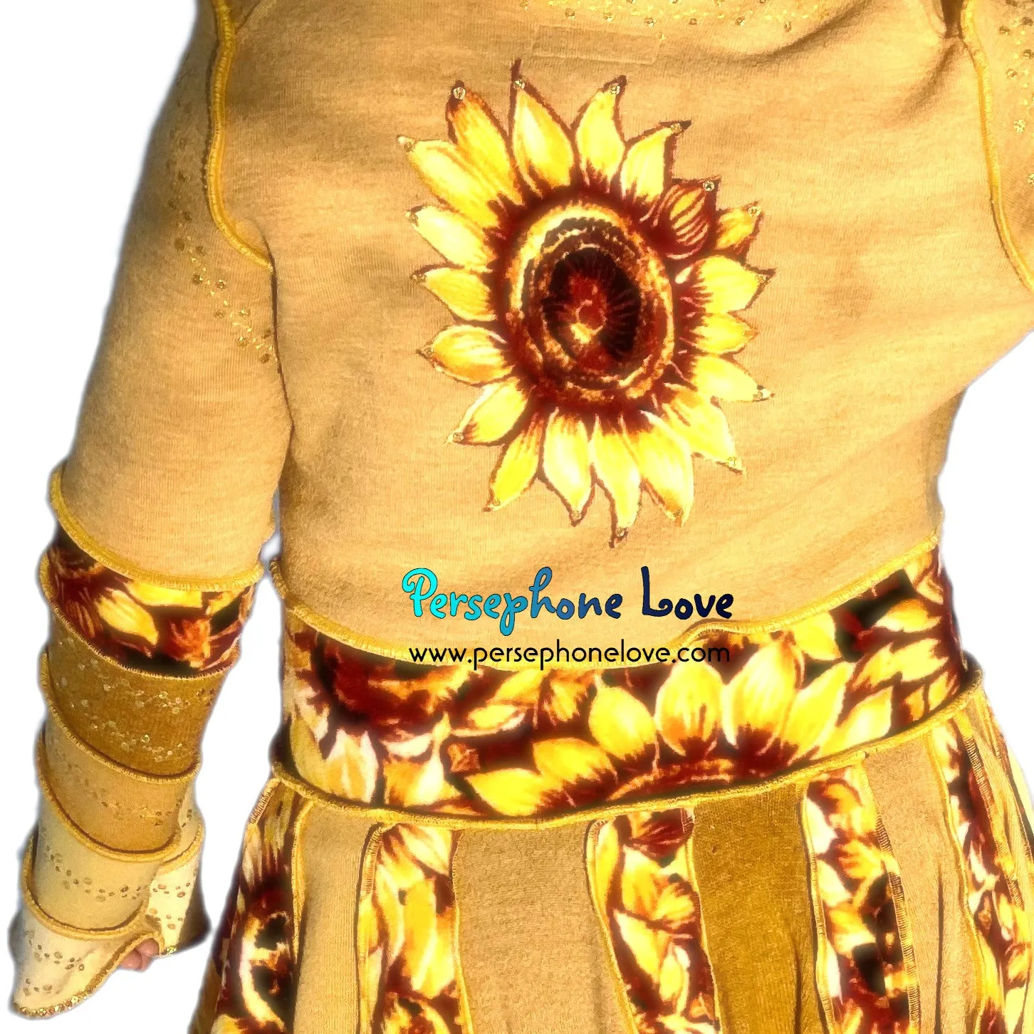 "Sunshine Cameo" Yellow sunflower needle-felted wool/cashmere Katwise-inspired patchwork elf sweatercoat-2517