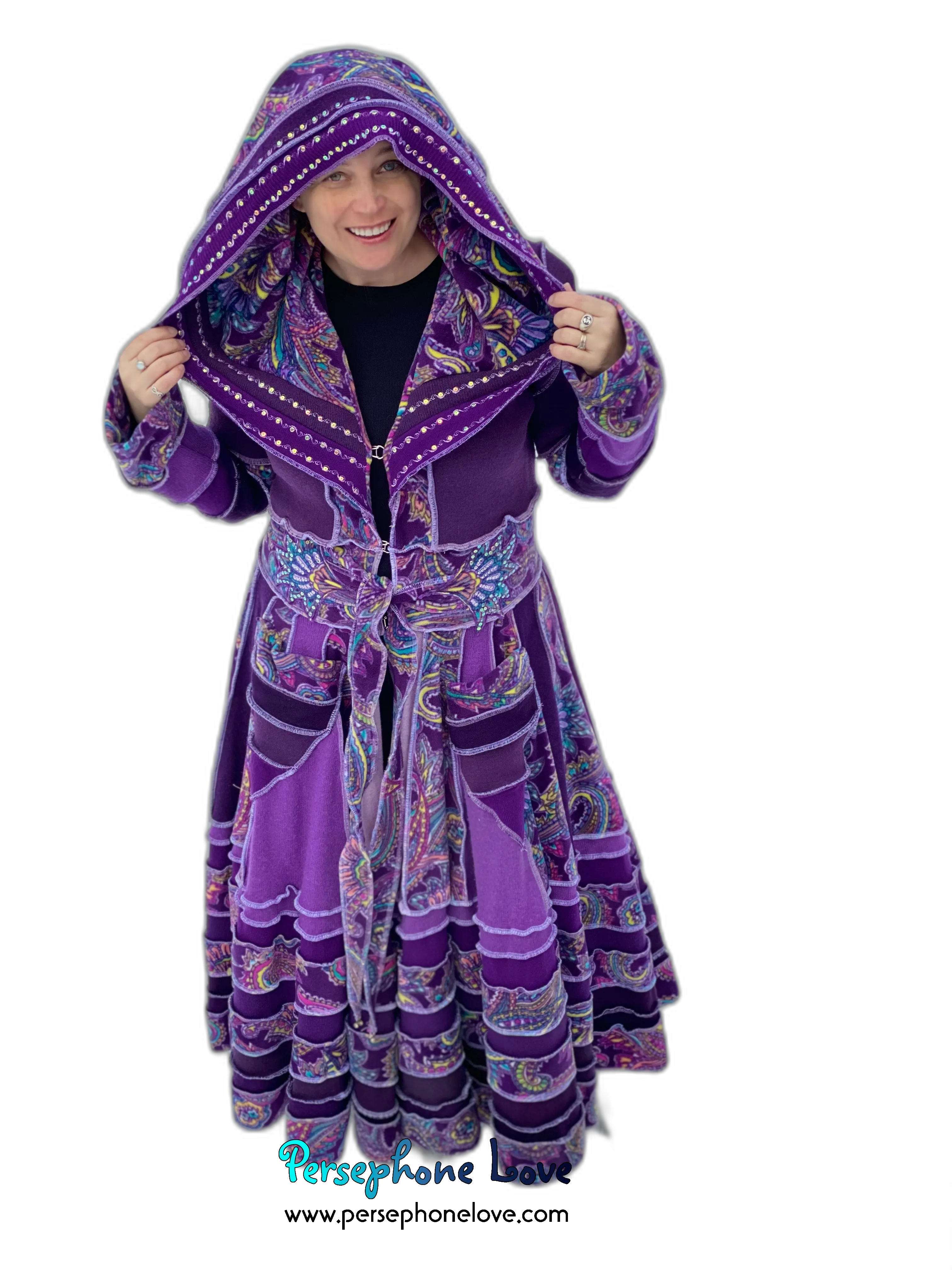 "Up All Night" Purple Paisley needle-felted wool/cashmere Katwise-inspired patchwork elf sweatercoat-2513