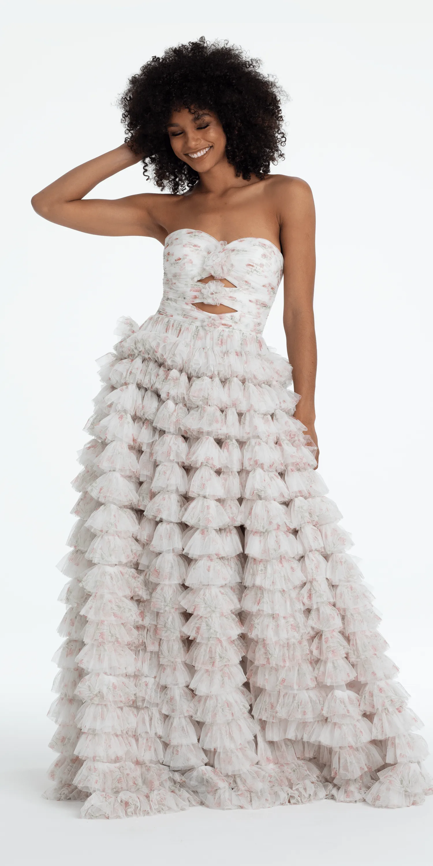 Sweetheart Triple Rose Peek-a-Boo Floral Mesh Tiered Ballgown