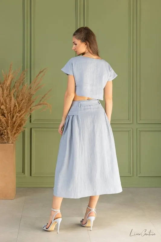 Taormina Ice Blue Linen Crop Top and Midi Skirt Set