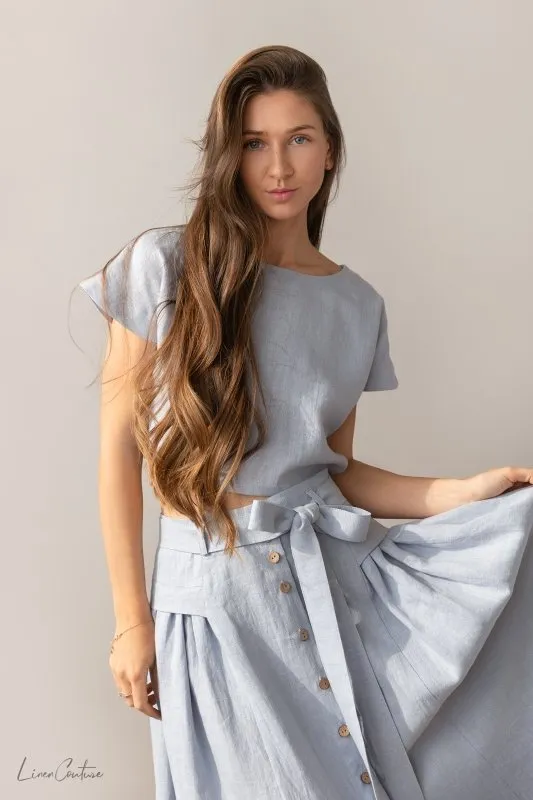 Taormina Ice Blue Linen Crop Top and Midi Skirt Set