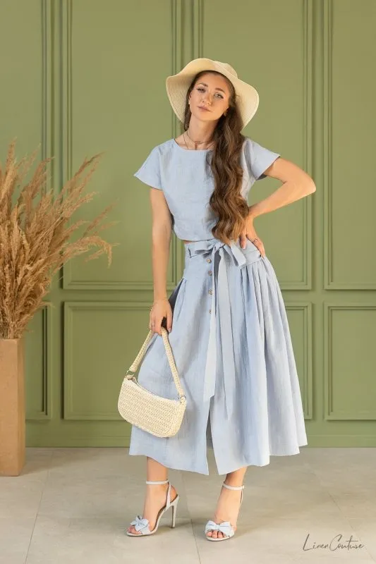 Taormina Ice Blue Linen Crop Top and Midi Skirt Set