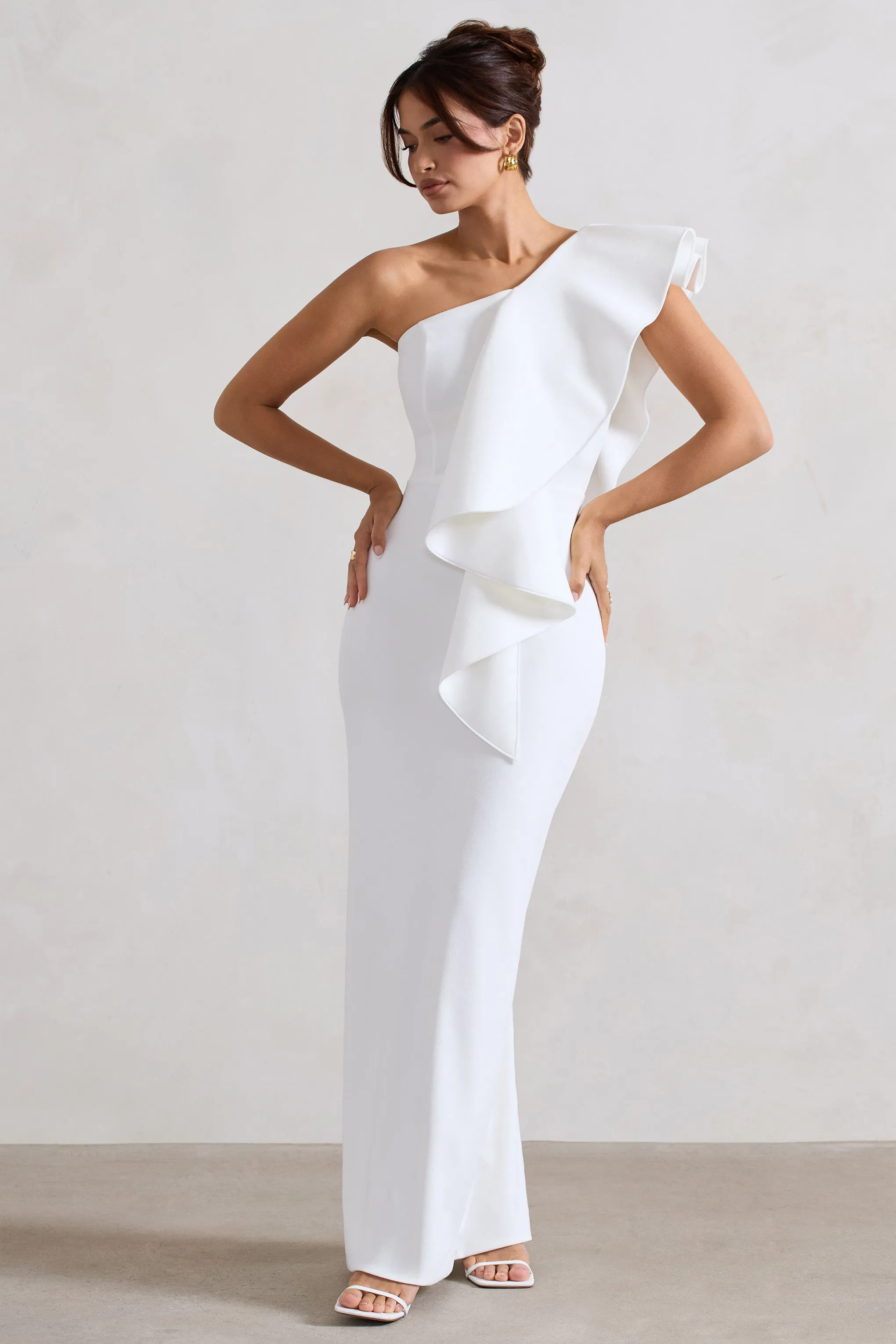 Timeless Love | White Asymmetric Draped Ruffle Maxi Dress