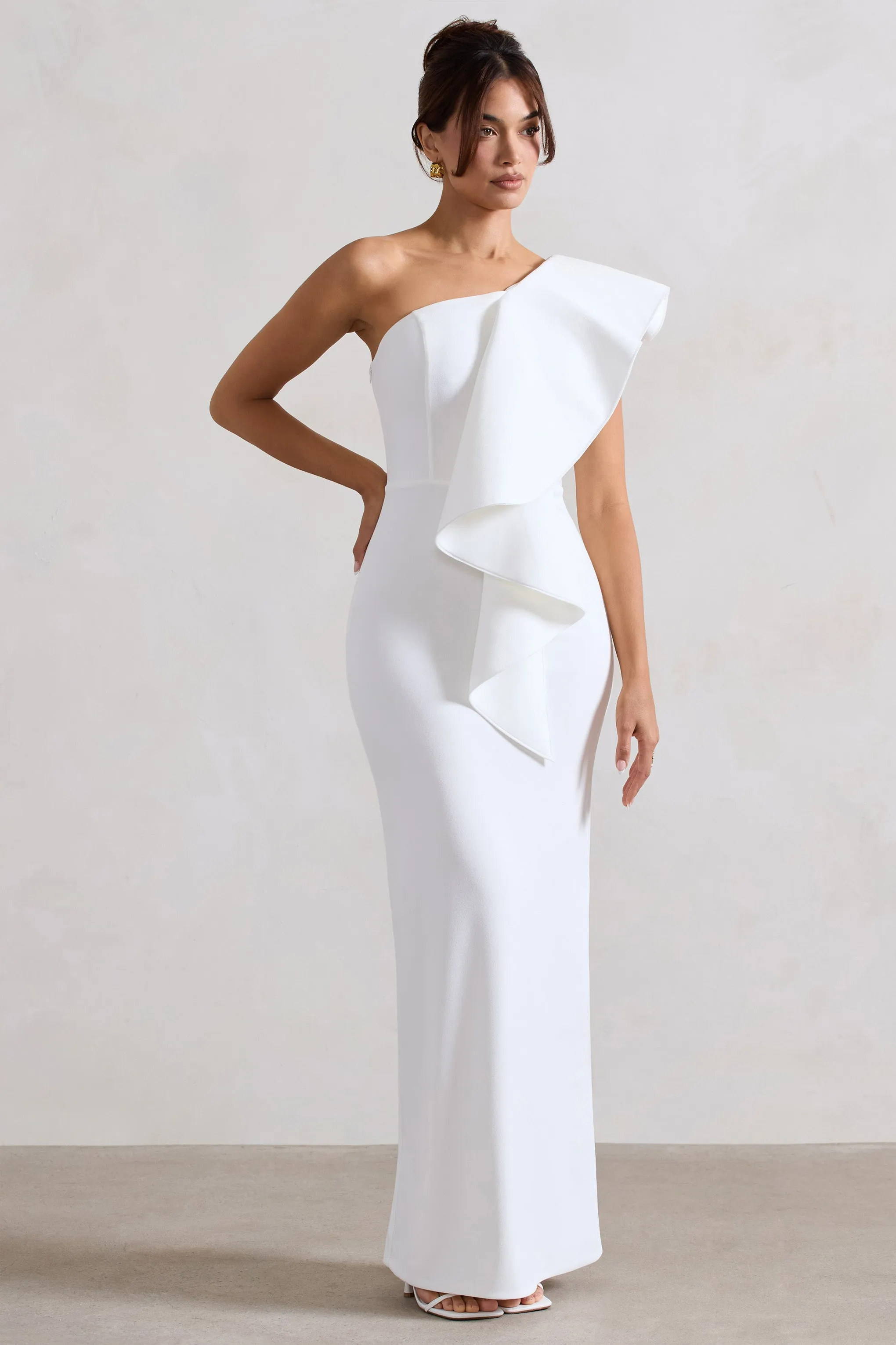 Timeless Love | White Asymmetric Draped Ruffle Maxi Dress