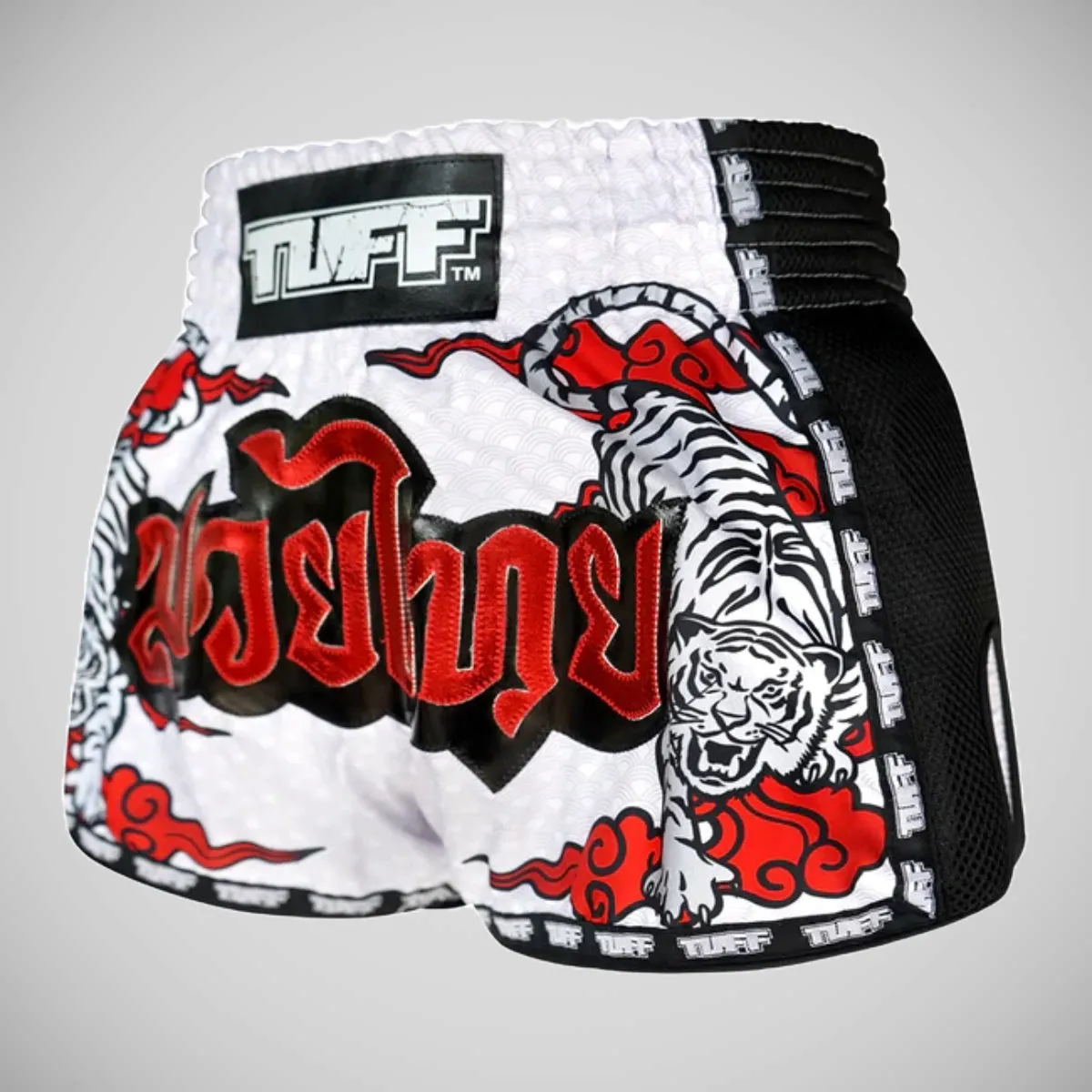 TUFF Sport MRS301 Retro Style Double Tiger Muay Thai Shorts White