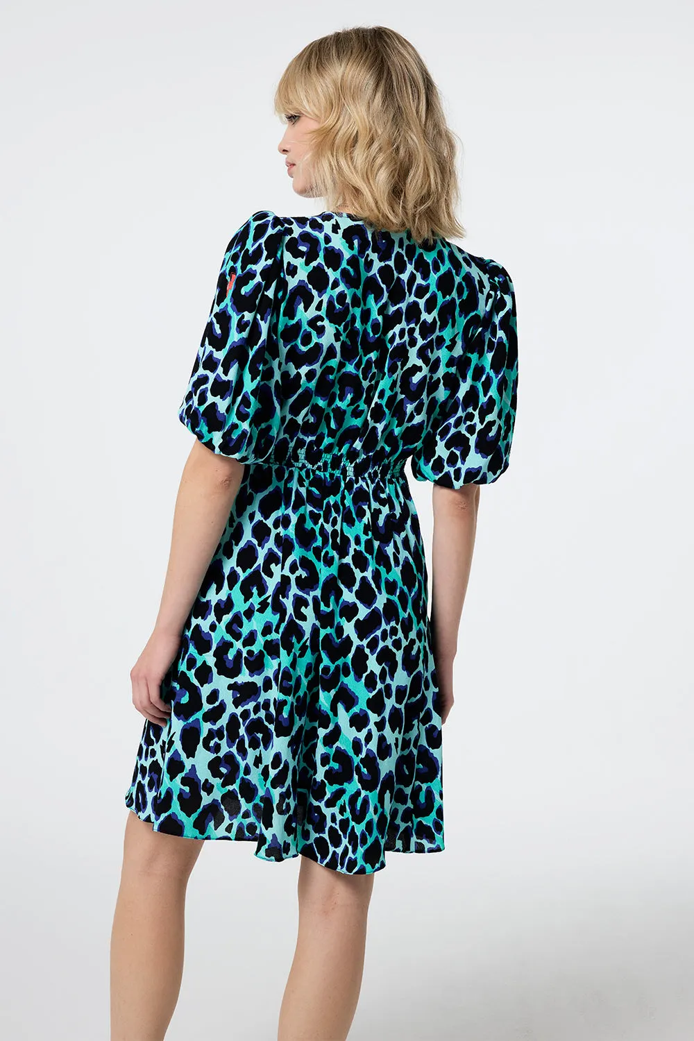 Turquoise with Black and Blue Shadow Leopard Puff Sleeve Short Tea Dress