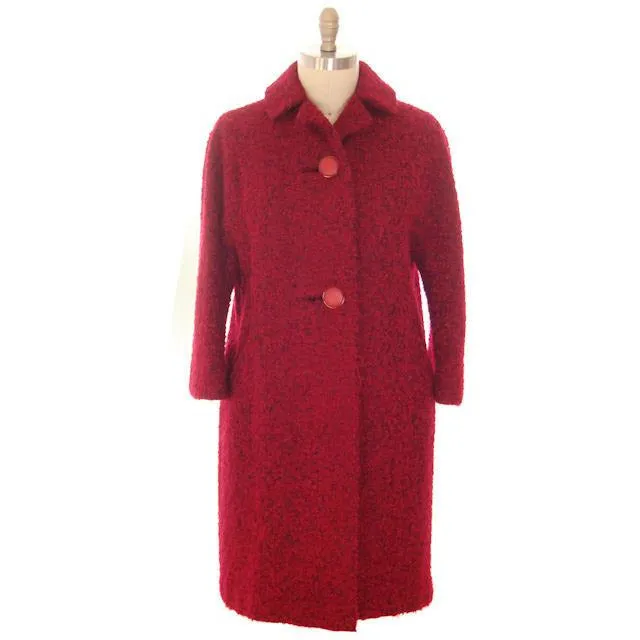 Vintage Mohair Boucle Sack Coat  Red/ Black 1950s Womens  Medium